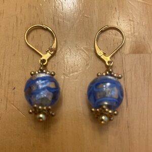 Elegant Blue and Gold tone glass bead hanging Earrings NWOT